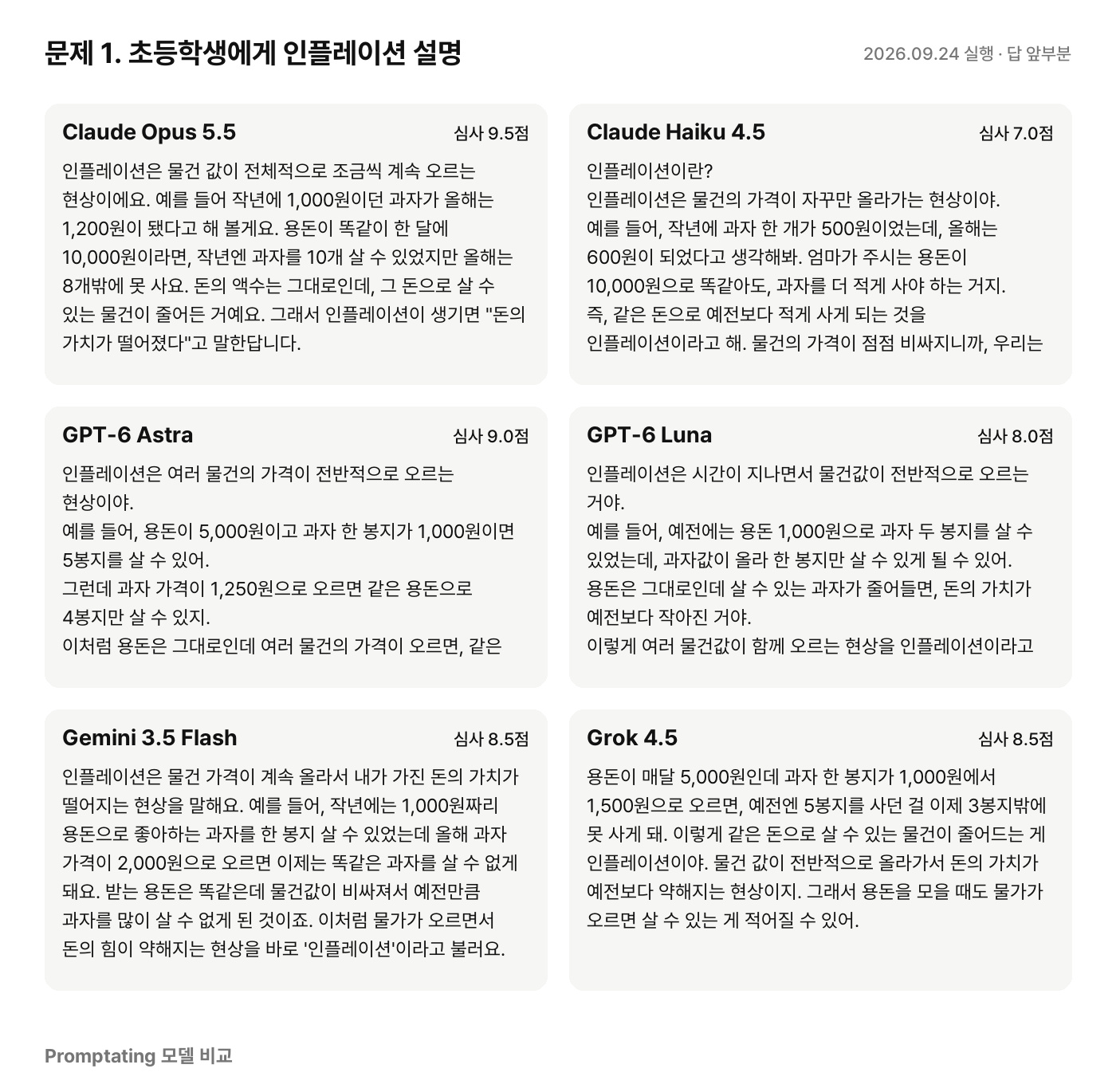 문제 1에 대한 모델별 실제 답 (2026년 9월 24일 실행, 앞부분만)